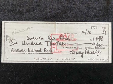 Stan Musial Cancelled Check Signed by Stan Musial from his Estate