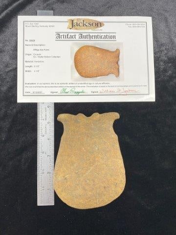 Effigy Axe, Jackson COA: Effigy Axe, Jackson COA Please see picture for measurement. Now taking in consignments for pre-1980 baseball cards , coins & arrowheads etc. Call anytime for details 501-590-6771. KEY WORDS: NATIVE AM