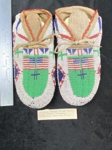 Northern Plains Sioux Style Fully Beaded Cerimonial Moccasins. American Flags Motif Indian Artifact (1 of 5)