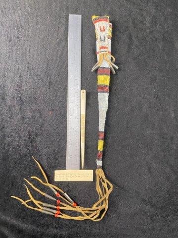 Northern Plains Round-Style Beaded Needle Case with Bone Tool Indian Artifact Arrowhead: Indian Artifact Arrowhead. Northern Plains Round-Style Beaded Needle Case with Bone Tool. Lifetime Collection of Robert Falk from Eureka Springs, Arkansas. Now taking in consignments for pre-1980 base