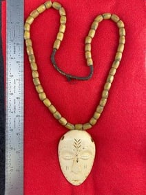 Bone Face Effigy with Trade Bead Necklace Indian Artifact Arrowhead