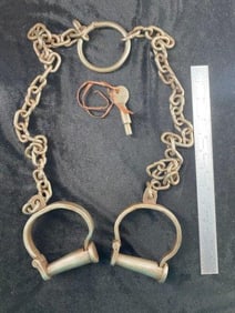 Civil War Era Iron Leg Shackles with Key Indian Artifact Arrowhead