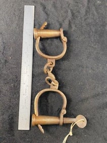 Civil War Era Iron Hand Cuffs with Key Indian Artifact Arrowhead