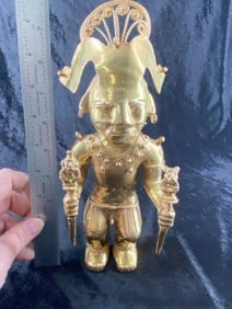 Tairona Tumbaga Pre-Columbian Culture of South America-Male Ruler 9 & 1/2" Tall Holding Cerimonial