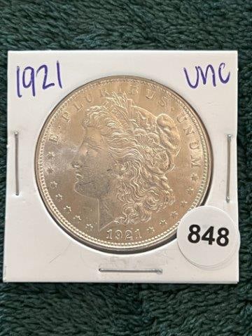 1921 UNC Morgan Silver Dollar Coin: KEY WORDS: INDIAN ARTIFACT ARTIFACTS ARROWHEAD ARROWHEADS NATIVE AMERICAN MISSISSIPPIAN QUAPAW CADDO POTTERY COINS MORGAN DOLLAR PEACE DOLLAR SILVER COINS Arkansas. Now taking in consignments for pre-