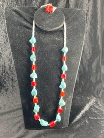 Turquoise & Red Coral Beaded Necklace with Coral Earrings