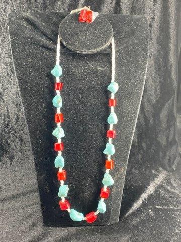 Turquoise & Red Coral Beaded Necklace with Coral Earrings: KEY WORDS: INDIAN ARTIFACT ARTIFACTS ARROWHEAD ARROWHEADS NATIVE AMERICAN MISSISSIPPIAN QUAPAW CADDO POTTERY COINS MORGAN DOLLAR PEACE DOLLAR SILVER COINS Arkansas. Now taking in consignments for pre-