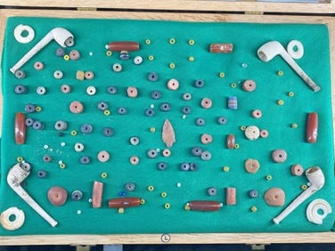 Nice group of Beads, Trade Pipes, etc frame NOT included