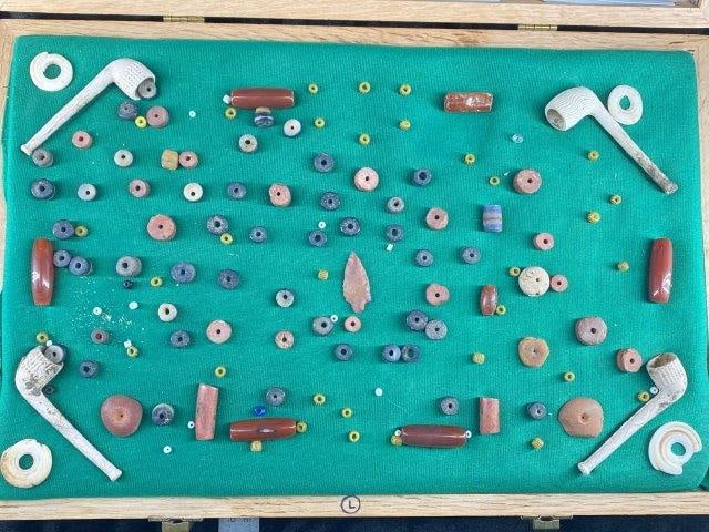 Nice group of Beads, Trade Pipes, etc frame NOT included (1 of 5)