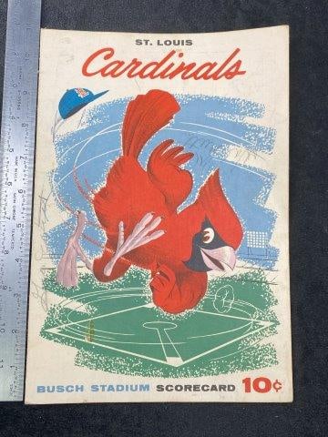 1958 St. Louis Cardinals Score Card: KEY WORDS: INDIAN ARTIFACT ARTIFACTS ARROWHEAD ARROWHEADS NATIVE AMERICAN MISSISSIPPIAN QUAPAW CADDO POTTERY COINS MORGAN DOLLAR PEACE DOLLAR SILVER COINS Arkansas. Now taking in consignments for pre-