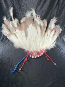 Authentic Sioux Native American Indian Head Dress with Beaded Head Band. Beaded Side Drops.