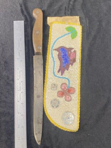 Beaded Sheath with Knife: KEY WORDS: INDIAN ARTIFACT ARTIFACTS ARROWHEAD ARROWHEADS NATIVE AMERICAN MISSISSIPPIAN QUAPAW CADDO POTTERY COINS MORGAN DOLLAR PEACE DOLLAR SILVER COINS Arkansas. Now taking in consignments for pre-