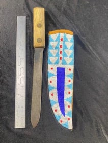 Beaded Sheath with Knife made out of an old Saw Blade