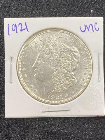 1921 UNC Morgan Silver Dollar Coin: KEY WORDS: INDIAN ARTIFACT ARTIFACTS ARROWHEAD ARROWHEADS NATIVE AMERICAN MISSISSIPPIAN QUAPAW CADDO POTTERY COINS MORGAN DOLLAR PEACE DOLLAR SILVER COINS Arkansas. Now taking in consignments for pre-