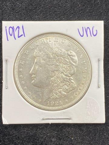 1921 UNC Morgan Silver Dollar Coin: KEY WORDS: INDIAN ARTIFACT ARTIFACTS ARROWHEAD ARROWHEADS NATIVE AMERICAN MISSISSIPPIAN QUAPAW CADDO POTTERY COINS MORGAN DOLLAR PEACE DOLLAR SILVER COINS Arkansas. Now taking in consignments for pre-