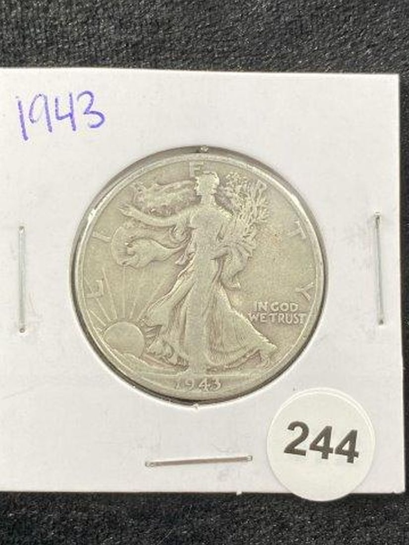 1943 Walking Liberty Half Dollar Coin: KEY WORDS: INDIAN ARTIFACT ARTIFACTS ARROWHEAD ARROWHEADS NATIVE AMERICAN MISSISSIPPIAN QUAPAW CADDO POTTERY COINS MORGAN DOLLAR PEACE DOLLAR SILVER COINS Arkansas. Now taking in consignments for pre-