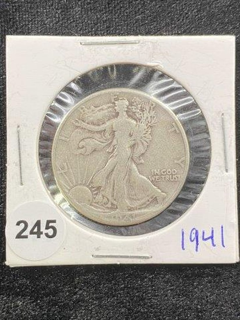 1941 Walking Liberty Half Dollar Coin: KEY WORDS: INDIAN ARTIFACT ARTIFACTS ARROWHEAD ARROWHEADS NATIVE AMERICAN MISSISSIPPIAN QUAPAW CADDO POTTERY COINS MORGAN DOLLAR PEACE DOLLAR SILVER COINS Arkansas. Now taking in consignments for pre-