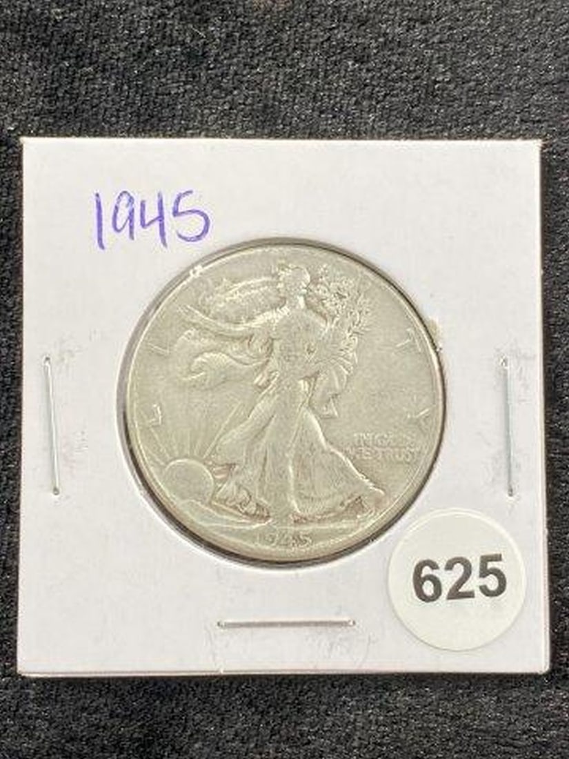 1945 Walking Liberty Half Dollar Coin: KEY WORDS: INDIAN ARTIFACT ARTIFACTS ARROWHEAD ARROWHEADS NATIVE AMERICAN MISSISSIPPIAN QUAPAW CADDO POTTERY COINS MORGAN DOLLAR PEACE DOLLAR SILVER COINS Arkansas. Now taking in consignments for pre-