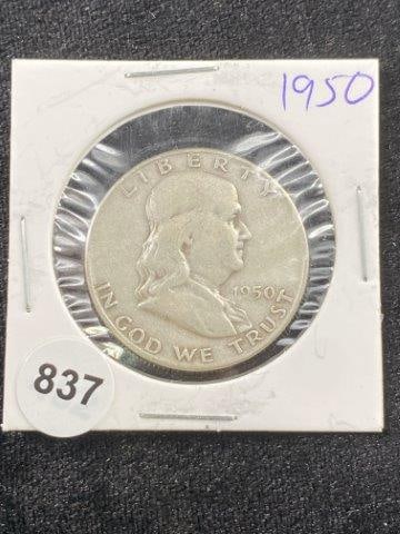 1950 Franklin Half Dollar Coin: KEY WORDS: INDIAN ARTIFACT ARTIFACTS ARROWHEAD ARROWHEADS NATIVE AMERICAN MISSISSIPPIAN QUAPAW CADDO POTTERY COINS MORGAN DOLLAR PEACE DOLLAR SILVER COINS Arkansas. Now taking in consignments for pre-