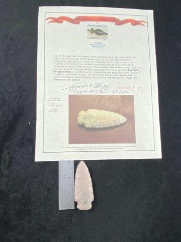 Notched Point with Bannerstone Tom COA from Boone County, Missouri Indian Artifact Arrowhead: KEY WORDS: INDIAN ARTIFACT ARTIFACTS ARROWHEAD ARROWHEADS NATIVE AMERICAN MISSISSIPPIAN QUAPAW CADDO POTTERY COINS MORGAN DOLLAR PEACE DOLLAR SILVER COINS Arkansas. Now taking in consignments for pre-