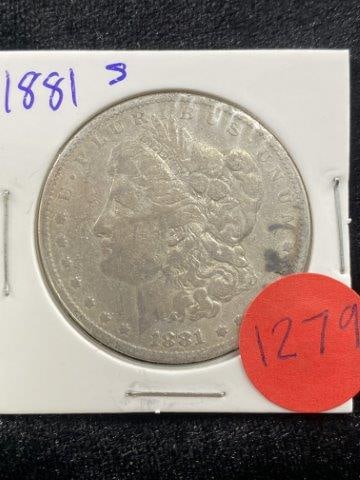 1881 S Morgan Silver Dollar Coin: KEY WORDS: INDIAN ARTIFACT ARTIFACTS ARROWHEAD ARROWHEADS NATIVE AMERICAN MISSISSIPPIAN QUAPAW CADDO POTTERY COINS MORGAN DOLLAR PEACE DOLLAR SILVER COINS Arkansas. Now taking in consignments for pre-