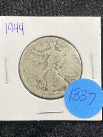 1944 Walking Liberty Half Dollar Silver Coin: KEY WORDS: INDIAN ARTIFACT ARTIFACTS ARROWHEAD ARROWHEADS NATIVE AMERICAN MISSISSIPPIAN QUAPAW CADDO POTTERY COINS MORGAN DOLLAR PEACE DOLLAR SILVER COINS Arkansas. Now taking in consignments for pre-