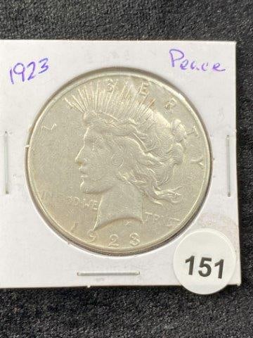 1923 Peace Silver Dollar Coin: KEY WORDS: INDIAN ARTIFACT ARTIFACTS ARROWHEAD ARROWHEADS NATIVE AMERICAN MISSISSIPPIAN QUAPAW CADDO POTTERY COINS MORGAN DOLLAR PEACE DOLLAR SILVER COINS Arkansas. Now taking in consignments for pre-