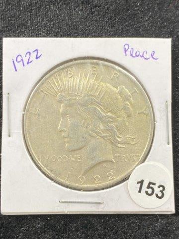 1922 Peace Silver Dollar Coin: KEY WORDS: INDIAN ARTIFACT ARTIFACTS ARROWHEAD ARROWHEADS NATIVE AMERICAN MISSISSIPPIAN QUAPAW CADDO POTTERY COINS MORGAN DOLLAR PEACE DOLLAR SILVER COINS Arkansas. Now taking in consignments for pre-