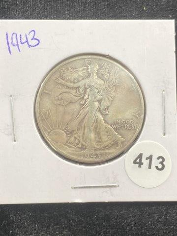 1943 Walking Liberty Half Dollar Coin: KEY WORDS: INDIAN ARTIFACT ARTIFACTS ARROWHEAD ARROWHEADS NATIVE AMERICAN MISSISSIPPIAN QUAPAW CADDO POTTERY COINS MORGAN DOLLAR PEACE DOLLAR SILVER COINS Arkansas. Now taking in consignments for pre-