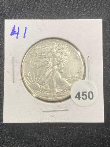 1941 Walking Liberty Half Dollar Coin: KEY WORDS: INDIAN ARTIFACT ARTIFACTS ARROWHEAD ARROWHEADS NATIVE AMERICAN MISSISSIPPIAN QUAPAW CADDO POTTERY COINS MORGAN DOLLAR PEACE DOLLAR SILVER COINS Arkansas. Now taking in consignments for pre-