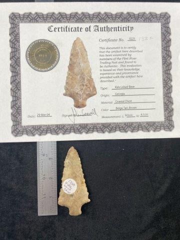 Kirk Lobed Base with John Sowell COA from Georgia Indian Artifact Arrowhead (1 of 5)