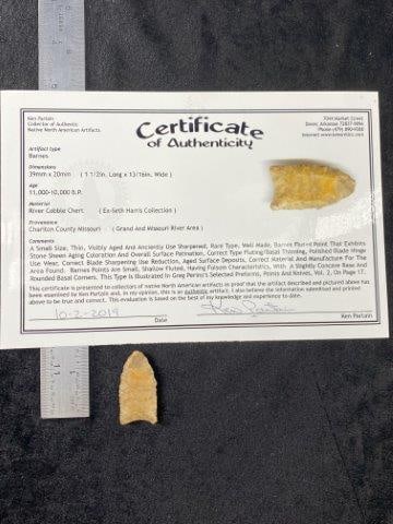 Barnes (Clovis) with Ken Partain COA from Chariton County, Missouri Indian Artifact Arrowhead (1 of 5)