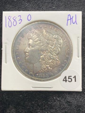 1883 O AU Morgan Silver Dollar Coin: KEY WORDS: INDIAN ARTIFACT ARTIFACTS ARROWHEAD ARROWHEADS NATIVE AMERICAN MISSISSIPPIAN QUAPAW CADDO POTTERY COINS MORGAN DOLLAR PEACE DOLLAR SILVER COINS Arkansas. Now taking in consignments for pre-