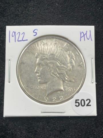 1922 S AU Peace Silver Dollar Coin: KEY WORDS: INDIAN ARTIFACT ARTIFACTS ARROWHEAD ARROWHEADS NATIVE AMERICAN MISSISSIPPIAN QUAPAW CADDO POTTERY COINS MORGAN DOLLAR PEACE DOLLAR SILVER COINS Arkansas. Now taking in consignments for pre-