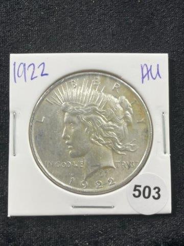 1922 AU Peace Silver Dollar Coin: KEY WORDS: INDIAN ARTIFACT ARTIFACTS ARROWHEAD ARROWHEADS NATIVE AMERICAN MISSISSIPPIAN QUAPAW CADDO POTTERY COINS MORGAN DOLLAR PEACE DOLLAR SILVER COINS Arkansas. Now taking in consignments for pre-