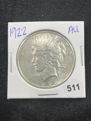 1922 AU Peace Silver Dollar Coin: KEY WORDS: INDIAN ARTIFACT ARTIFACTS ARROWHEAD ARROWHEADS NATIVE AMERICAN MISSISSIPPIAN QUAPAW CADDO POTTERY COINS MORGAN DOLLAR PEACE DOLLAR SILVER COINS Arkansas. Now taking in consignments for pre-