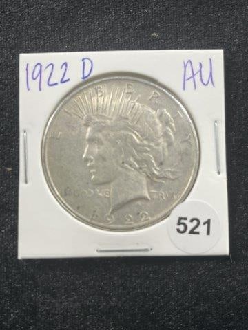 1922 D AU Peace Silver Dollar Coin: KEY WORDS: INDIAN ARTIFACT ARTIFACTS ARROWHEAD ARROWHEADS NATIVE AMERICAN MISSISSIPPIAN QUAPAW CADDO POTTERY COINS MORGAN DOLLAR PEACE DOLLAR SILVER COINS Arkansas. Now taking in consignments for pre-