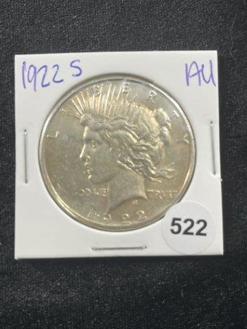 1922 S AU Peace Silver Dollar Coin: KEY WORDS: INDIAN ARTIFACT ARTIFACTS ARROWHEAD ARROWHEADS NATIVE AMERICAN MISSISSIPPIAN QUAPAW CADDO POTTERY COINS MORGAN DOLLAR PEACE DOLLAR SILVER COINS Arkansas. Now taking in consignments for pre-