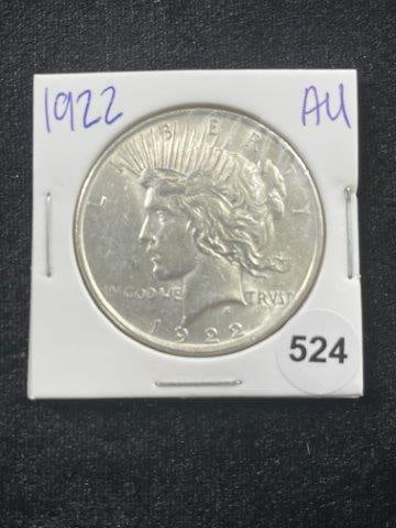 1922 AU Peace Silver Dollar Coin: KEY WORDS: INDIAN ARTIFACT ARTIFACTS ARROWHEAD ARROWHEADS NATIVE AMERICAN MISSISSIPPIAN QUAPAW CADDO POTTERY COINS MORGAN DOLLAR PEACE DOLLAR SILVER COINS Arkansas. Now taking in consignments for pre-
