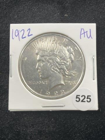 1922 AU Peace Silver Dollar Coin: KEY WORDS: INDIAN ARTIFACT ARTIFACTS ARROWHEAD ARROWHEADS NATIVE AMERICAN MISSISSIPPIAN QUAPAW CADDO POTTERY COINS MORGAN DOLLAR PEACE DOLLAR SILVER COINS Arkansas. Now taking in consignments for pre-