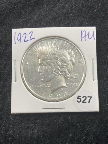 1922 AU Peace Silver Dollar Coin: KEY WORDS: INDIAN ARTIFACT ARTIFACTS ARROWHEAD ARROWHEADS NATIVE AMERICAN MISSISSIPPIAN QUAPAW CADDO POTTERY COINS MORGAN DOLLAR PEACE DOLLAR SILVER COINS Arkansas. Now taking in consignments for pre-