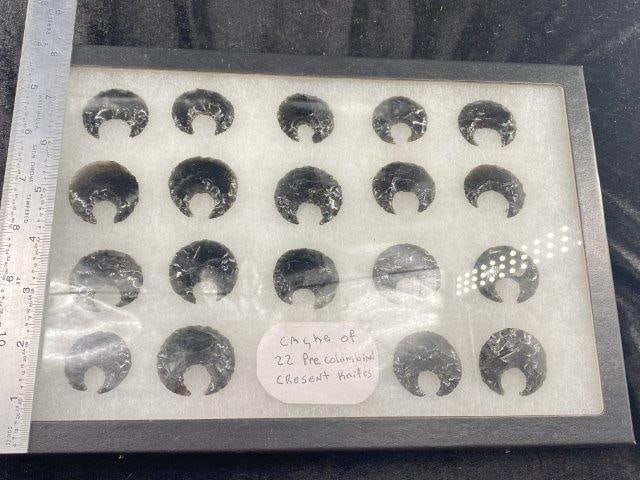 Cache of 22 Pre-Columbian Crescent Obsidian Knives with used Riker Frame (1 of 3)