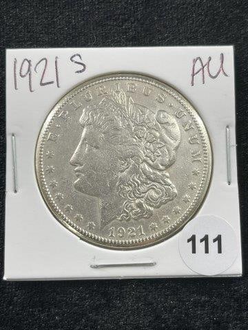 1921 S AU Morgan Silver Dollar Coin: KEY WORDS: INDIAN ARTIFACT ARTIFACTS ARROWHEAD ARROWHEADS NATIVE AMERICAN MISSISSIPPIAN QUAPAW CADDO POTTERY COINS MORGAN Dollar Coin PEACE Dollar Coin SILVER COINS Arkansas. Now taking in consignment