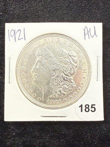 1921 AU Morgan Silver Dollar Coin: KEY WORDS: INDIAN ARTIFACT ARTIFACTS ARROWHEAD ARROWHEADS NATIVE AMERICAN MISSISSIPPIAN QUAPAW CADDO POTTERY COINS MORGAN Dollar Coin PEACE Dollar Coin SILVER COINS Arkansas. Now taking in consignment