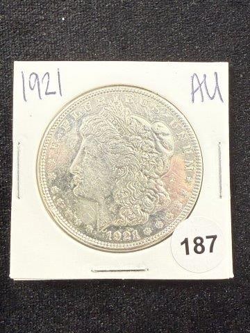 1921 AU Morgan Silver Dollar Coin: KEY WORDS: INDIAN ARTIFACT ARTIFACTS ARROWHEAD ARROWHEADS NATIVE AMERICAN MISSISSIPPIAN QUAPAW CADDO POTTERY COINS MORGAN Dollar Coin PEACE Dollar Coin SILVER COINS Arkansas. Now taking in consignment