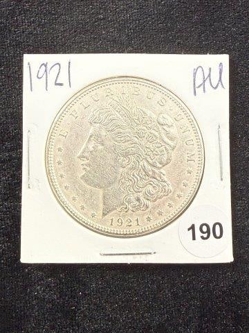 1921 AU Morgan Silver Dollar Coin: KEY WORDS: INDIAN ARTIFACT ARTIFACTS ARROWHEAD ARROWHEADS NATIVE AMERICAN MISSISSIPPIAN QUAPAW CADDO POTTERY COINS MORGAN Dollar Coin PEACE Dollar Coin SILVER COINS Arkansas. Now taking in consignment