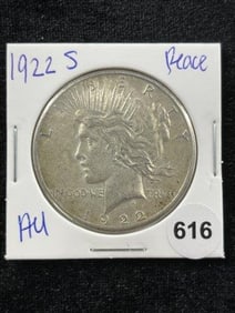 1922 S AU Peace Silver Dollar Coin Coin