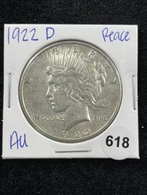 1922 D AU Peace Silver Dollar Coin Coin