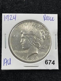 1924 AU Peace Silver Dollar Coin