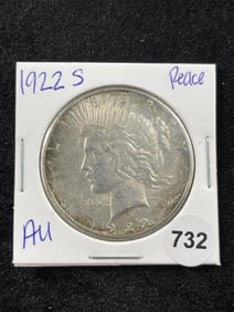 1922 S AU Peace Silver Dollar Coin